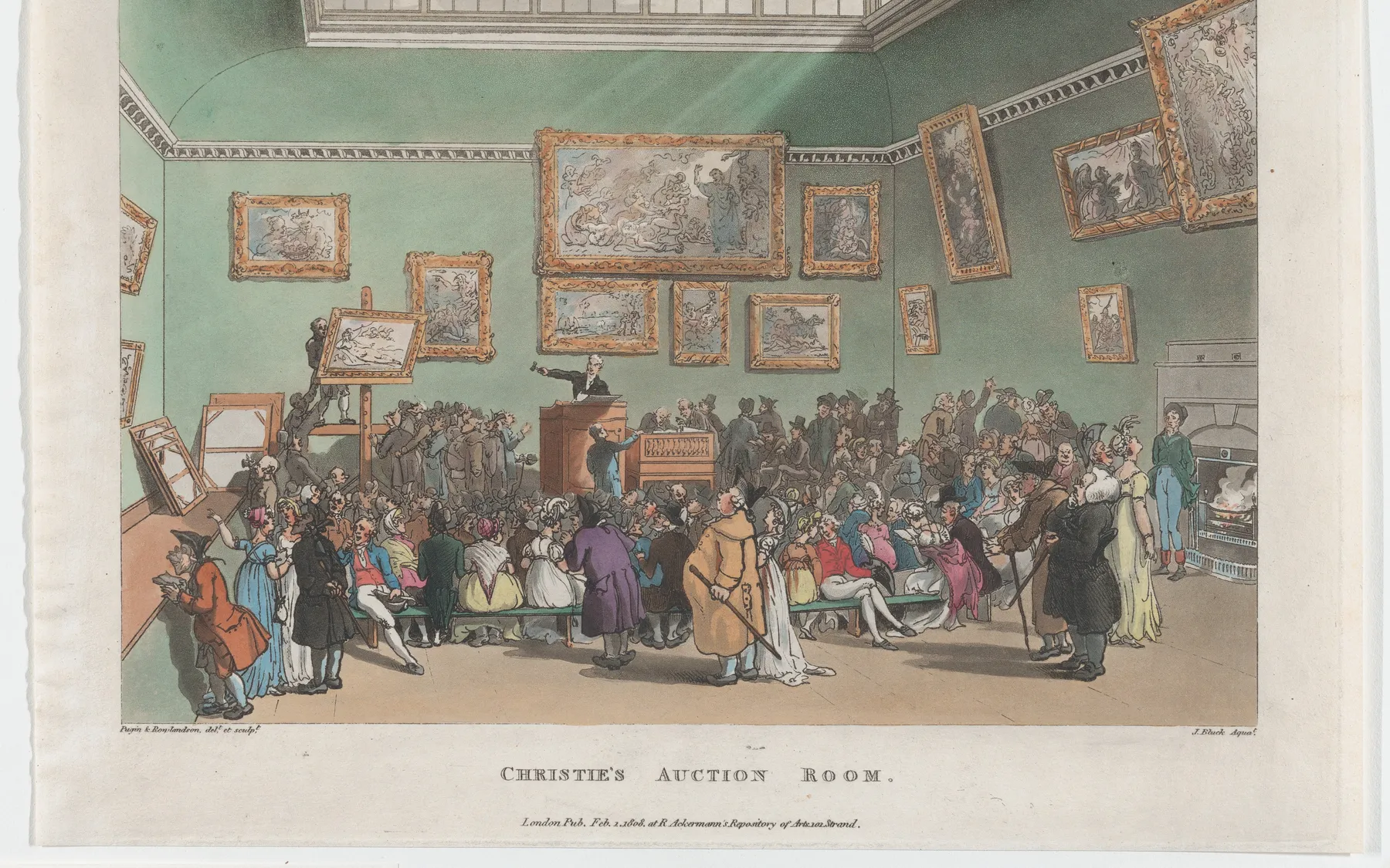Christie’s Auction Room, a coloured print by Rowlandson and Pugin, 1808.