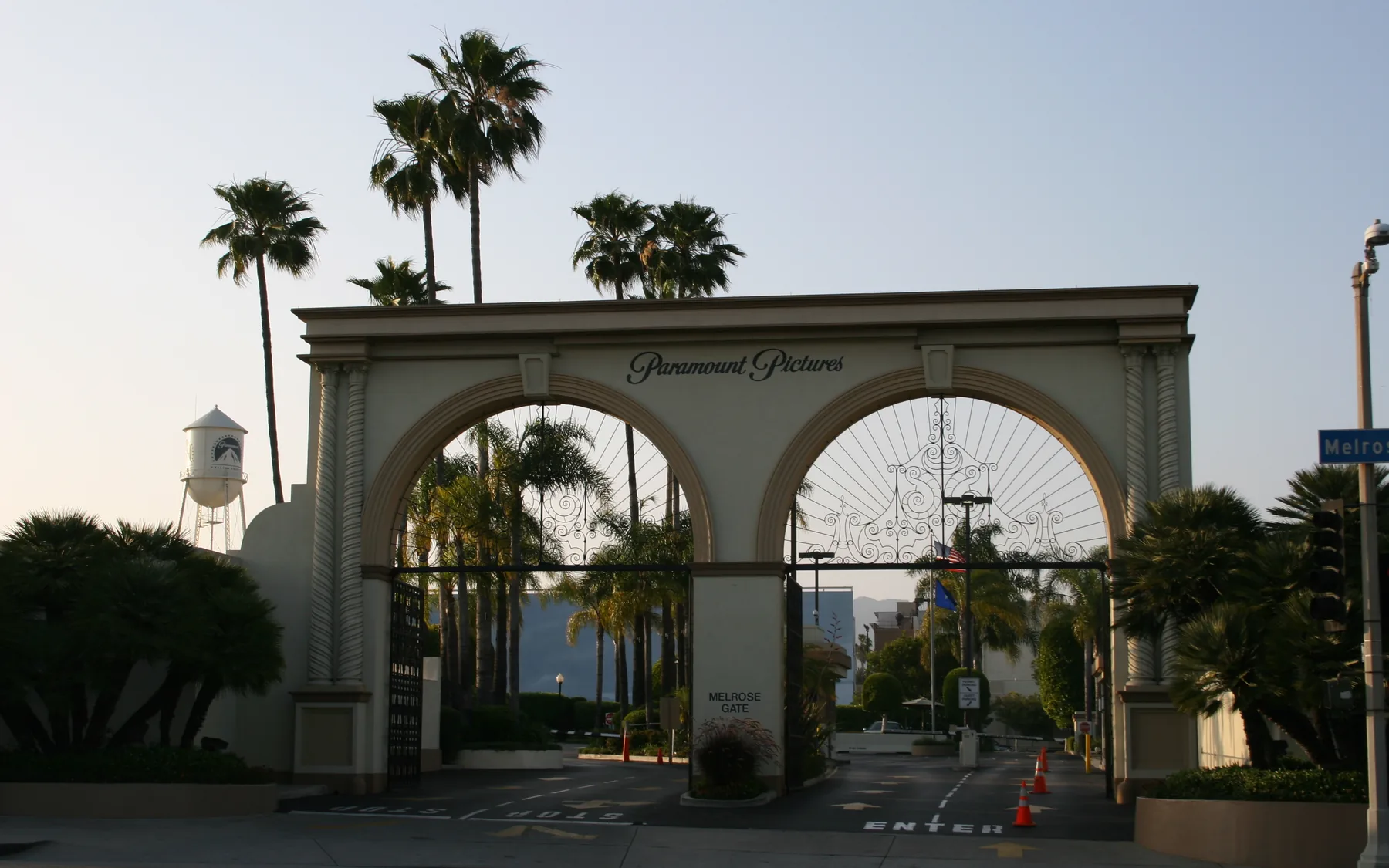 The arched Melrose Gate entrance to the Paramount Pictures studio lot in Hollywood