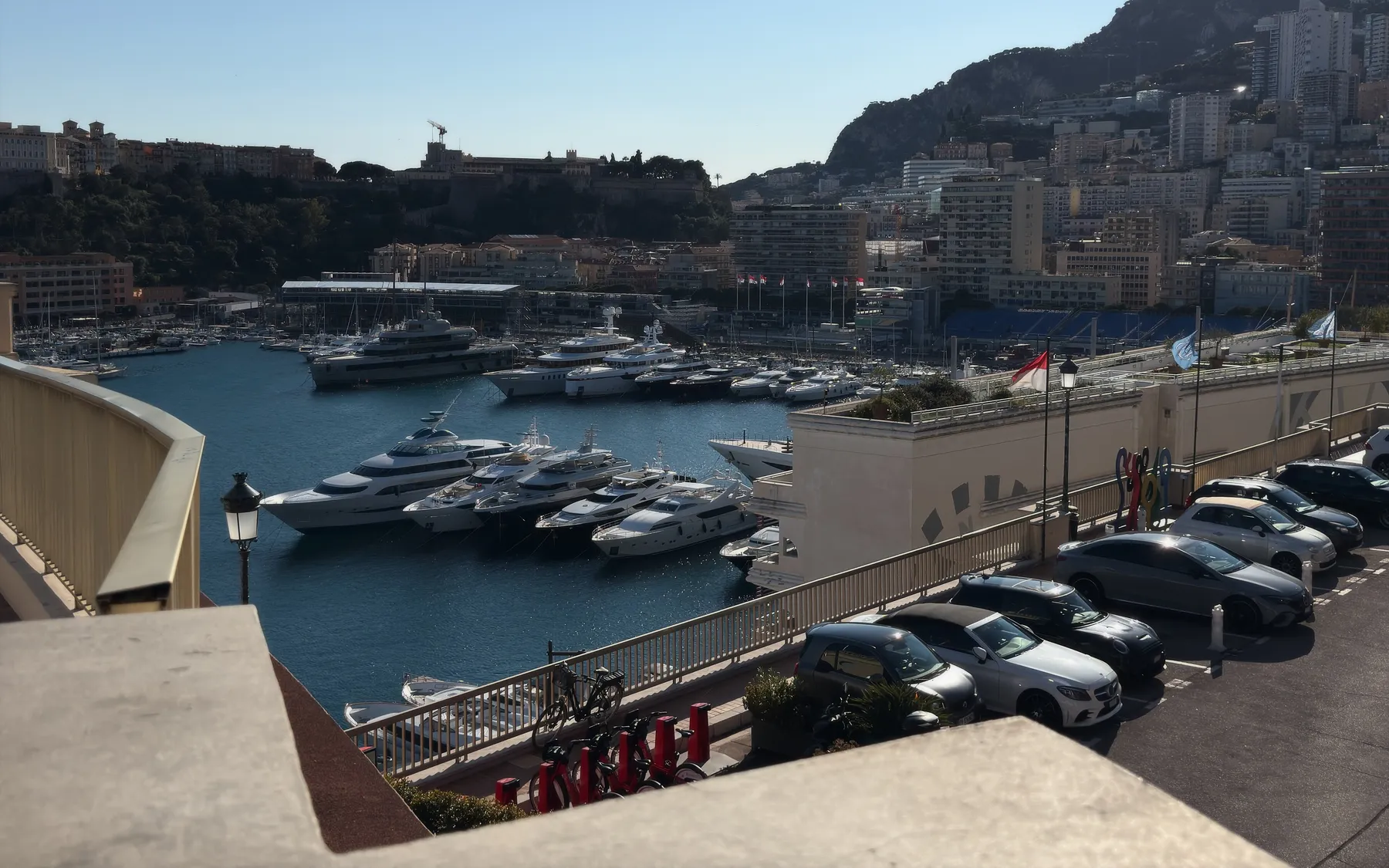 Superyachts moored in Port Hercule, Monaco, below the Rock.