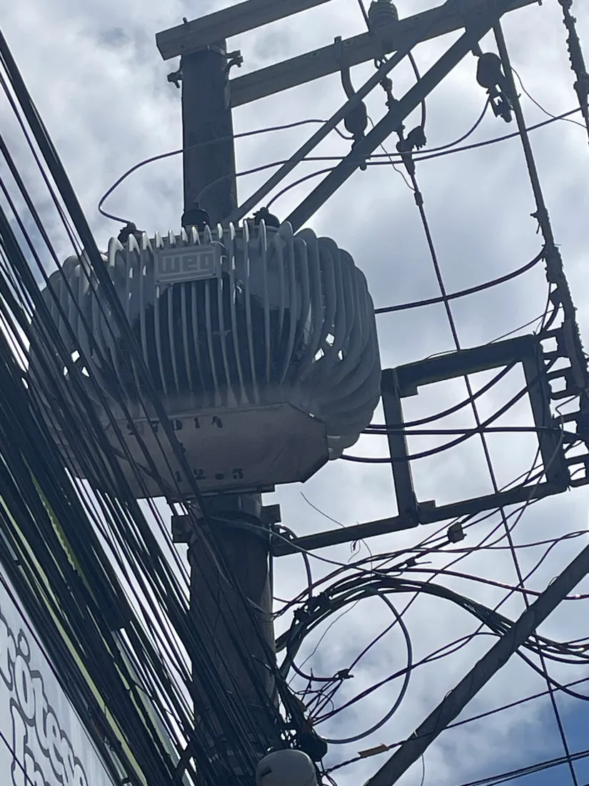 A grey pole-mounted distribution transformer bearing the WEG logo, surrounded by overhead power cables.