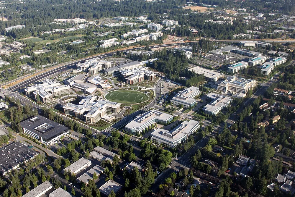 An aerial view of Microsoft’s campus in Redmond.