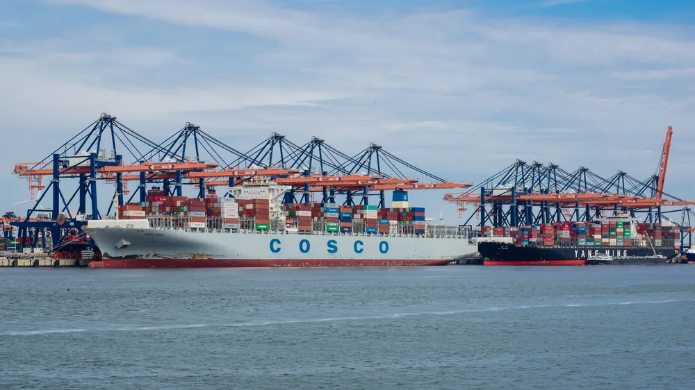 Two large container ships loaded with containers moored beneath rows of blue and orange gantry cranes.
