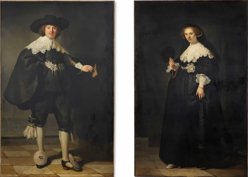 Full-length portraits of a young man and a young woman dressed in black with lace collars, shown side by side.