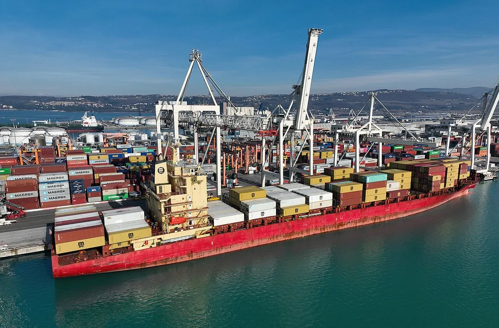 The container ship MSC Harmony III in port, illustrating the shipping business co-founded by Rafaela Aponte-Diamant.