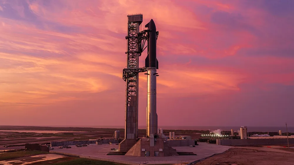SpaceX Starship infrastructure at sunset.