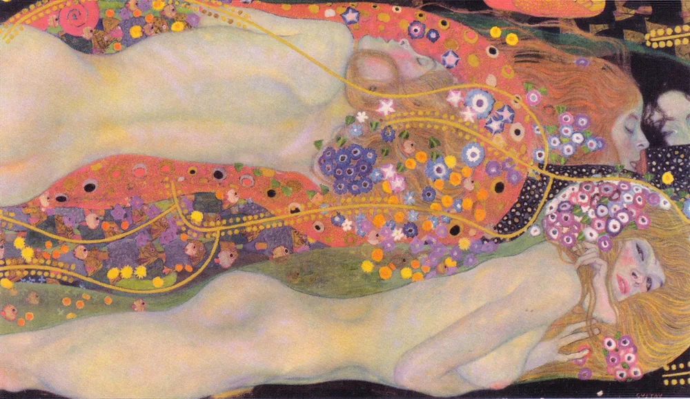 Elongated female figures drifting among gold and floral patterns.