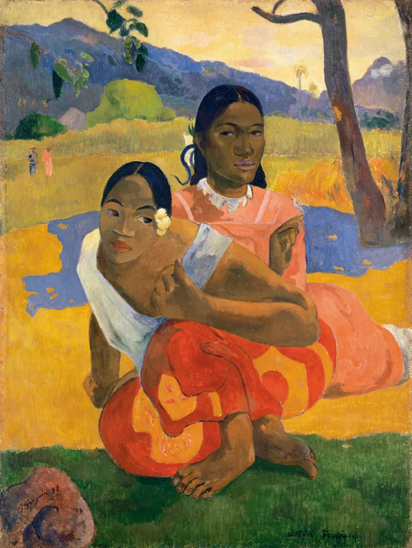 Two Tahitian women seated in a landscape of green, yellow and blue.
